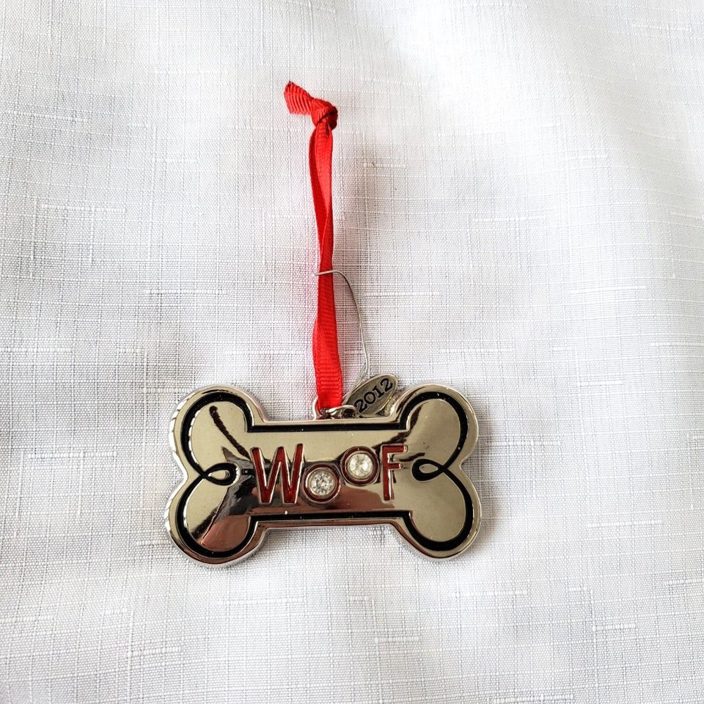 WOOF - Dog Bone Shaped Hanging Christmas Ornament - Silvertone - So ADORABLE EUC